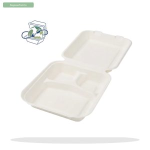 9" x 9" 3-Compartment Bagasse Hinged Clamshell Box