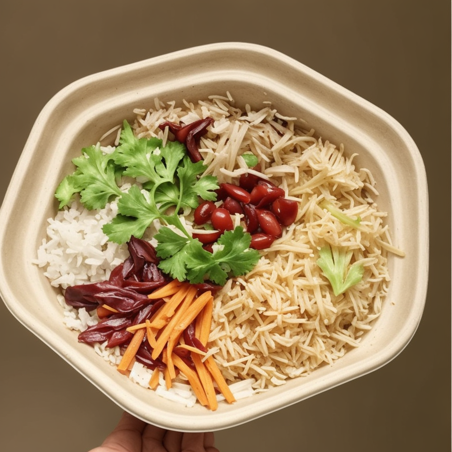 Stack of compostable bagasse bowls with fiber lids