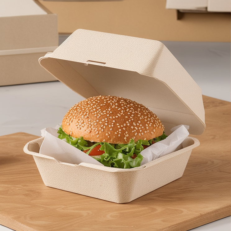 Open bagasse clamshell takeout box holding a burger