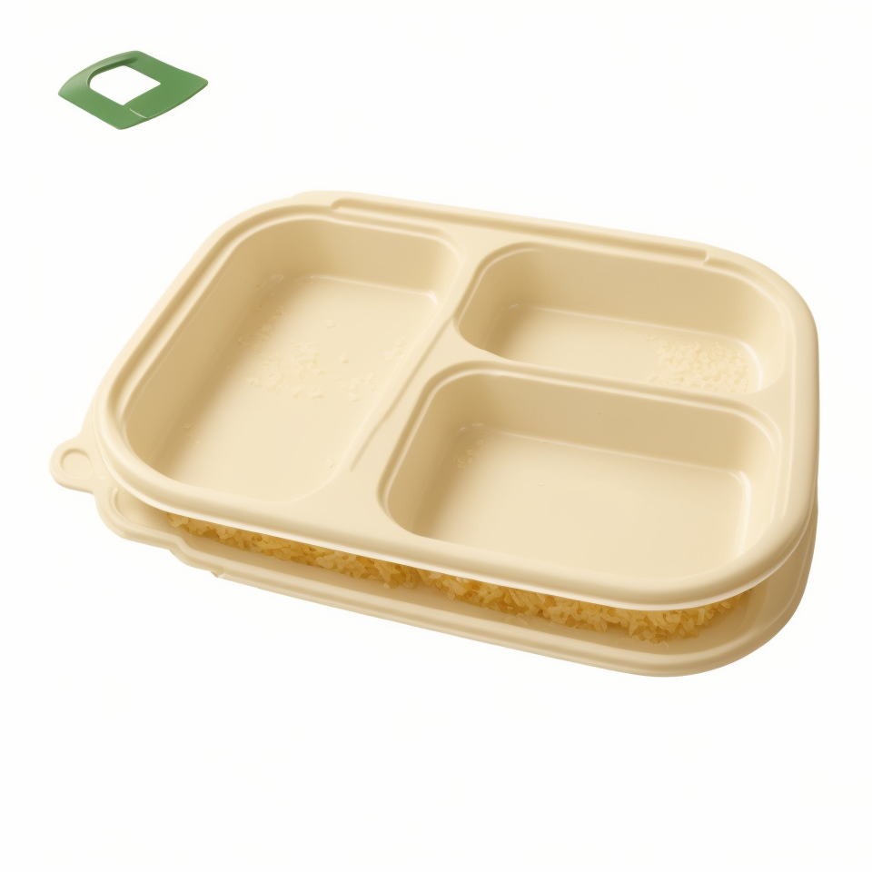 Bagasse 3-compartment tray with rice, vegetables and main dish