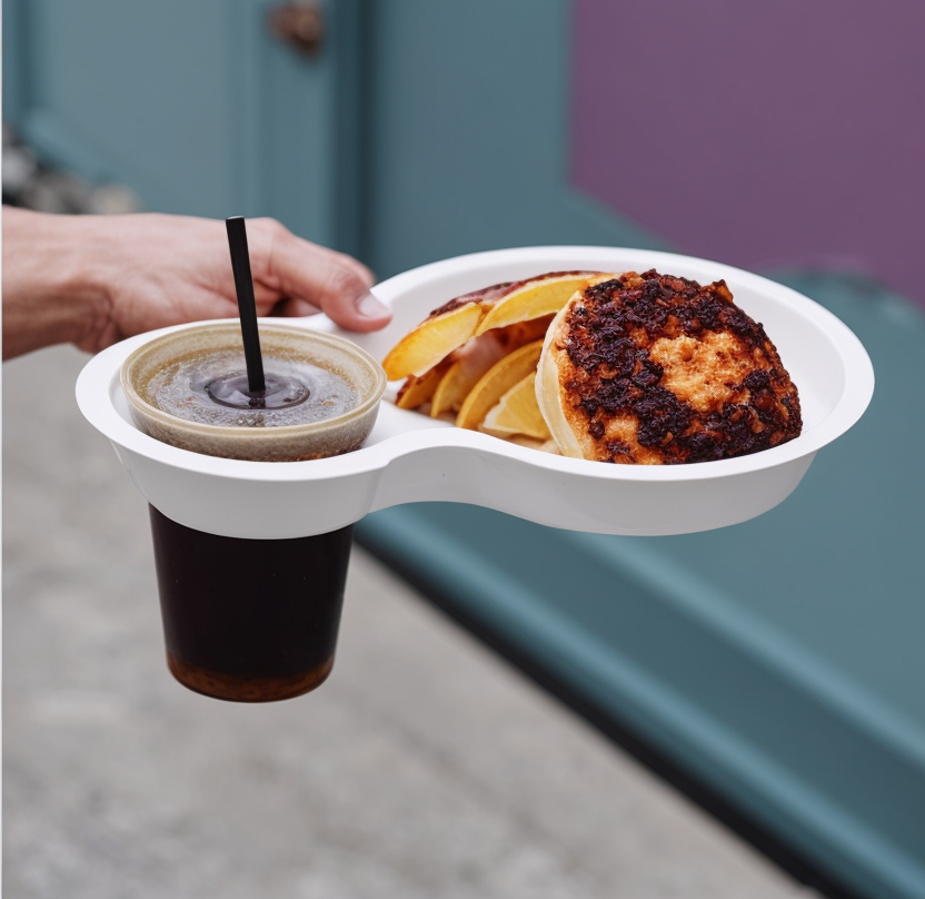 Eco-friendly compostable tableware on an event buffet — bagasse plates, bowls and clamshell boxes