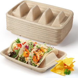 Disposable Sugarcane Taco Holder / Tray bagasse serving tray supplier bulk